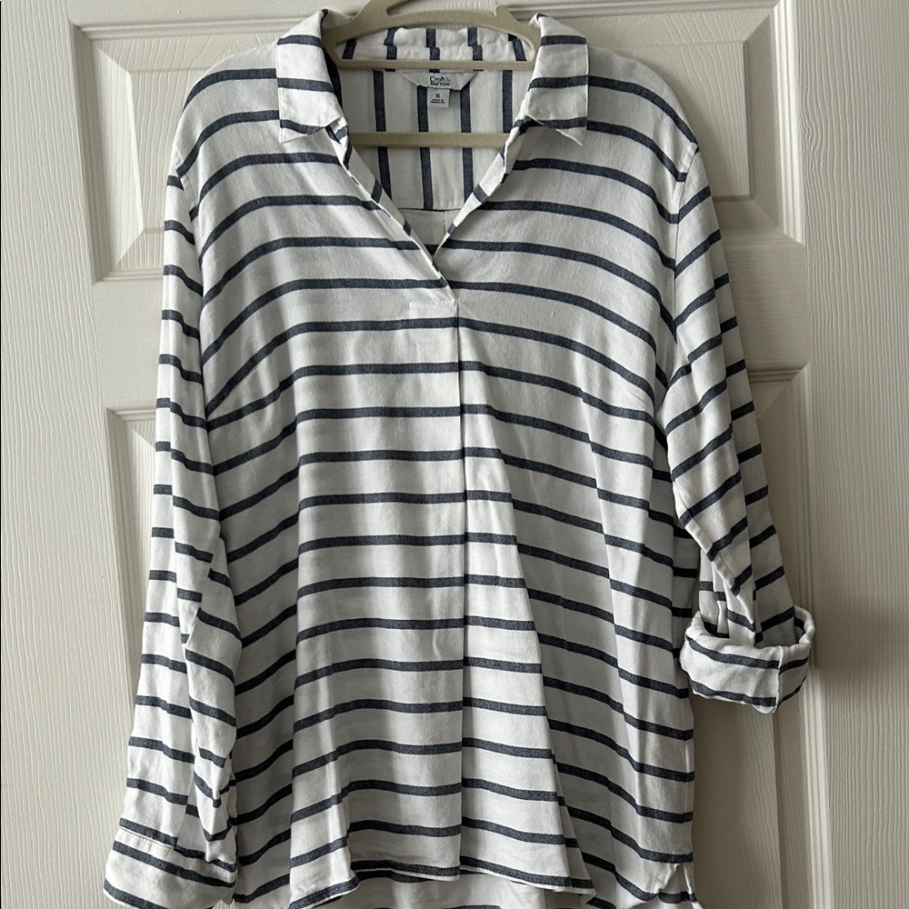 Women's Navy Blue and White Striped shirt with long or 3/4 roll up sleeves.